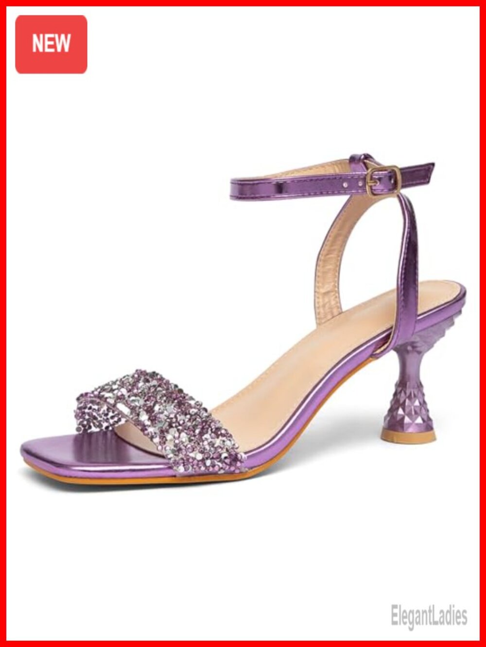 Glitter One Strap Kitten Heel Sandals Square Open Toe Anti-Slip Adjustable
